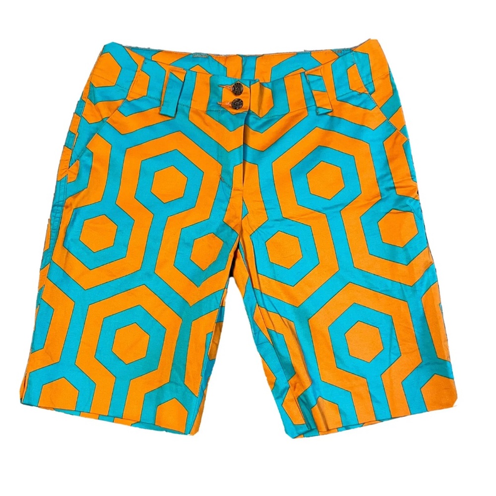 Size 4 - Women's LOUD MOUTH Golf Bright Orange Blue Geometric Pattern Shorts